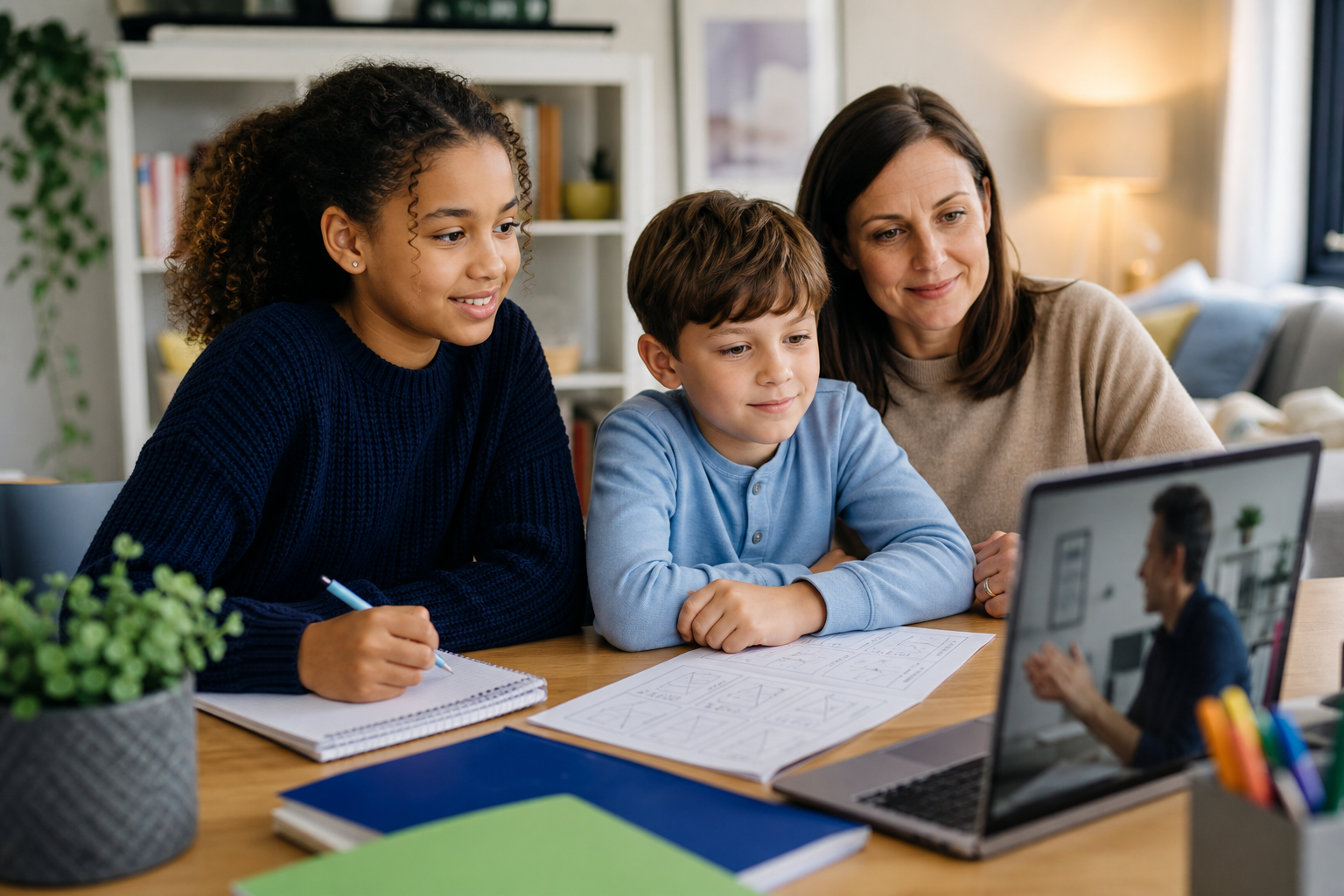 Parent-supported online tutoring session with pupils learning at home